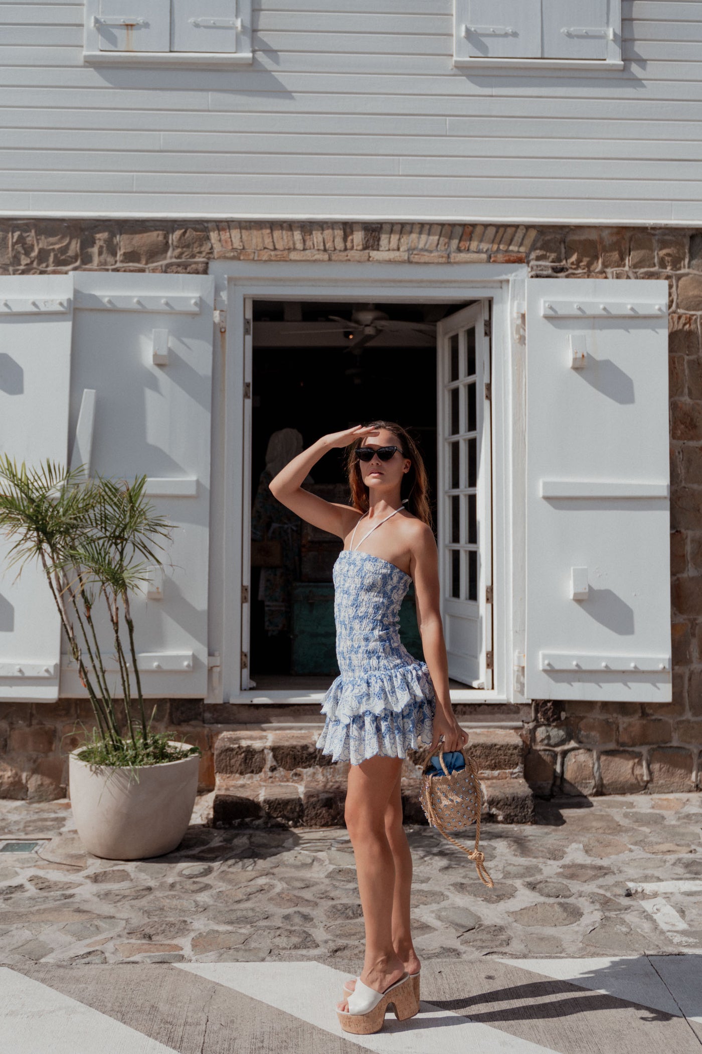 Clara Embroidered Strapless Dress Blue